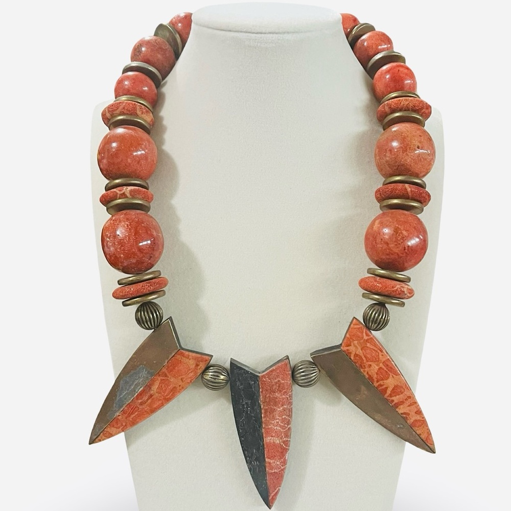 Vintage Chunky Red Jasper Colored Stones Copper Tone Beads Statement Necklace